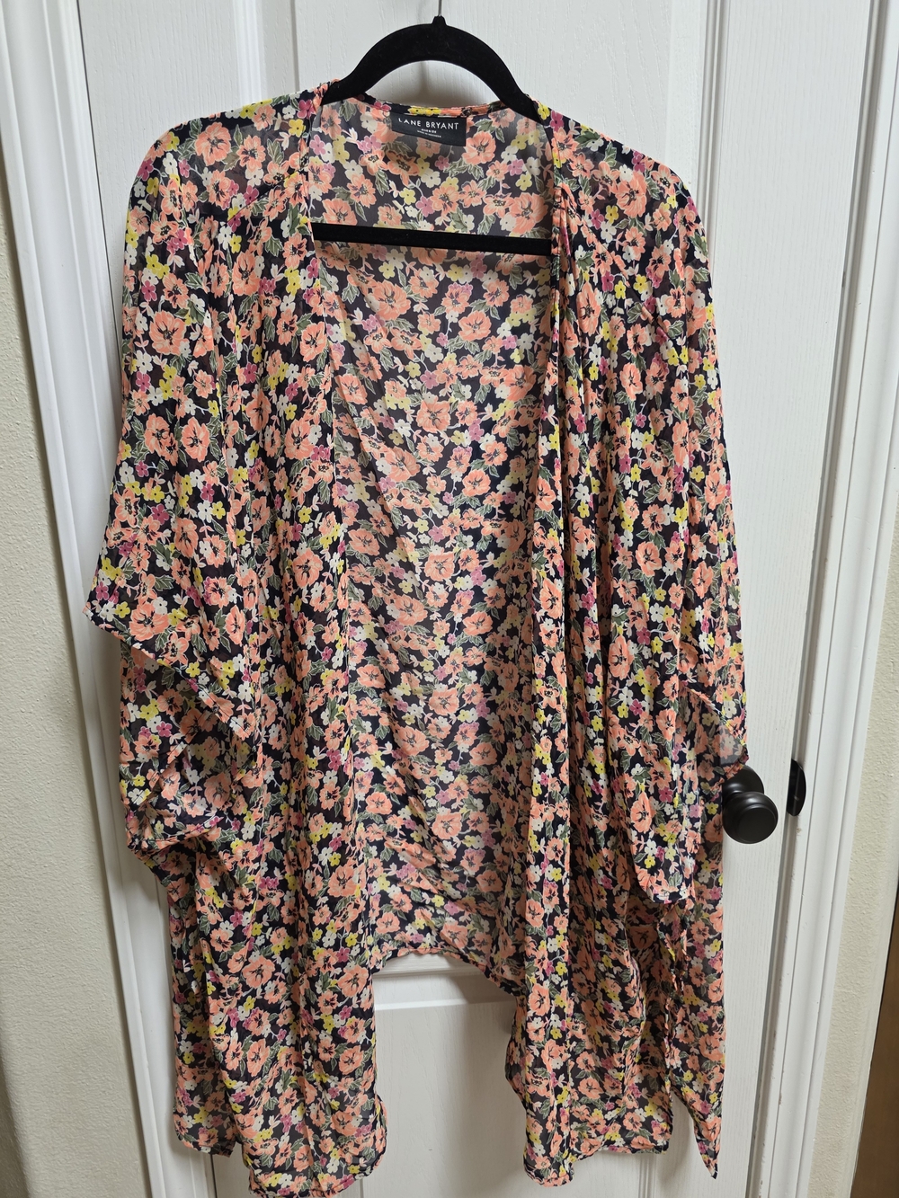 Lane Bryant Black Floral Open-Front Kimono Jacket - Pink/Yellow Floral